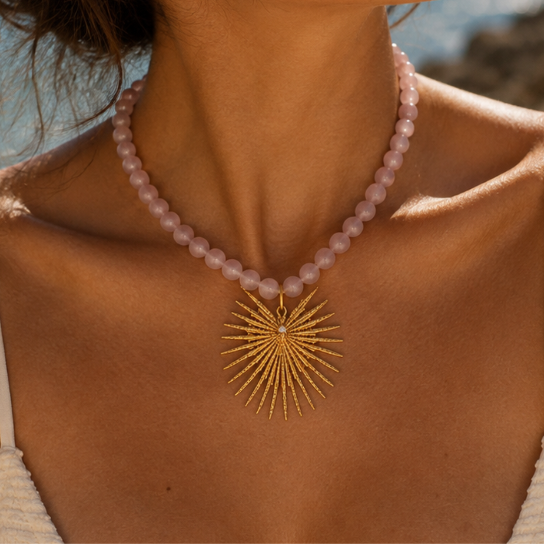 Rose Quartz Beaded Sun Pendant Necklace