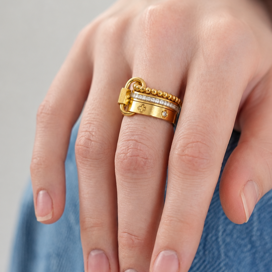 Gold Lock Charm Stackable Ring Set