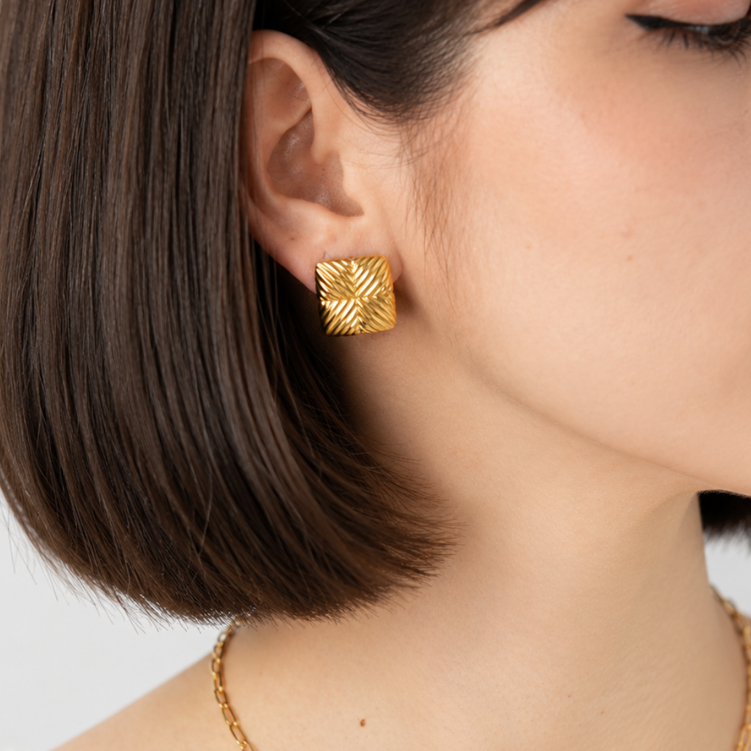 Gold Quilted Square Earrings