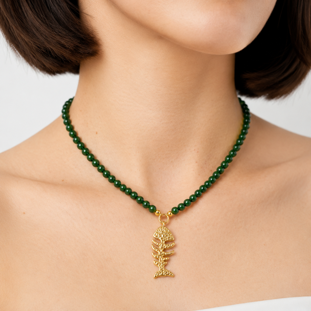 Green Beaded Fish Bone Pendant Necklace