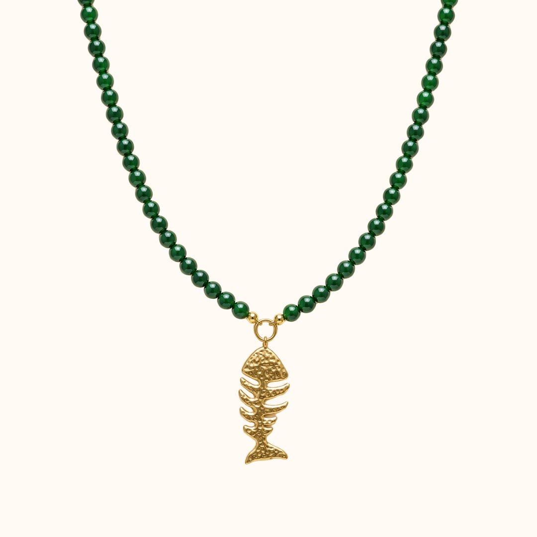 Green Beaded Fish Bone Pendant Necklace