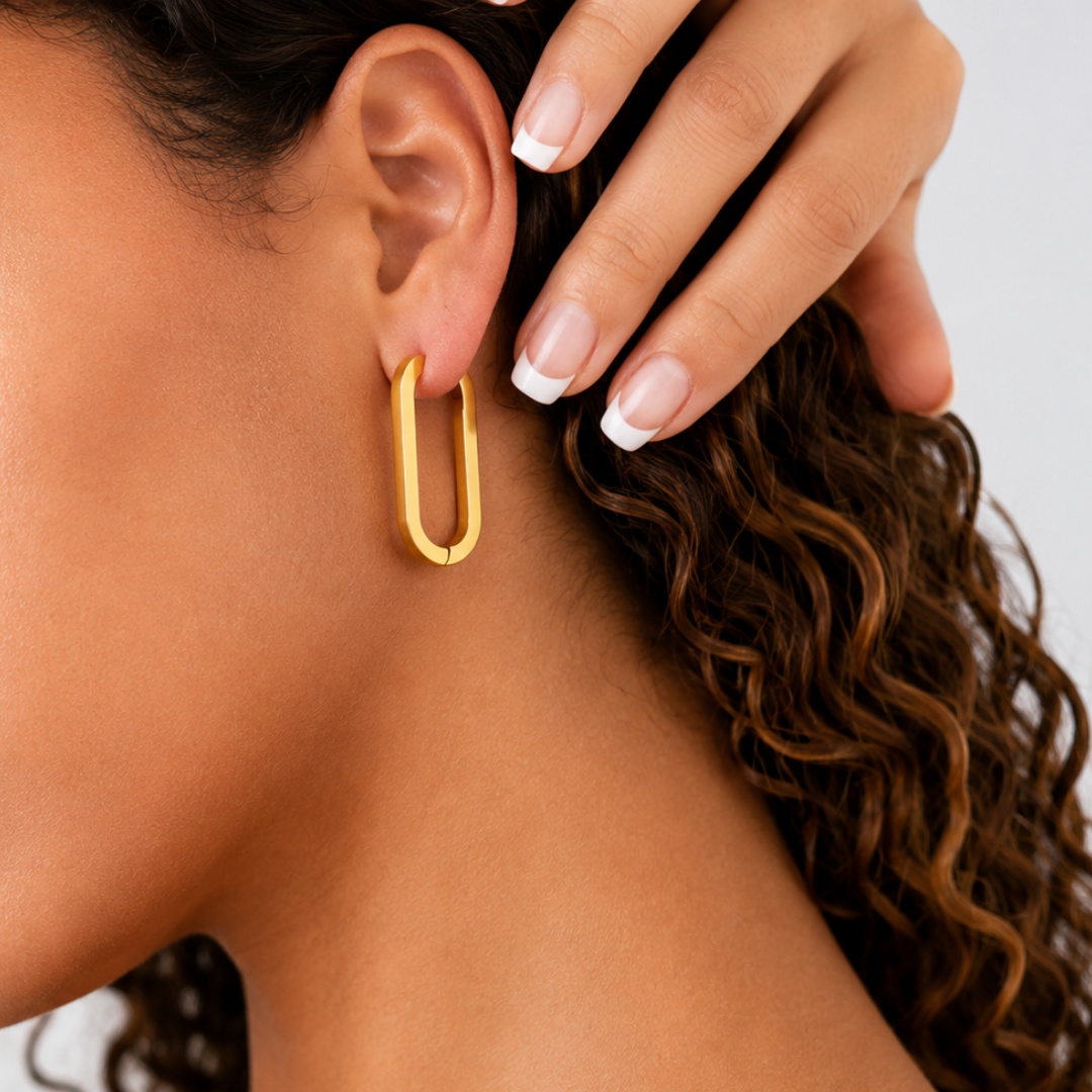 Gold Flat Rectangular Hoop Earrings