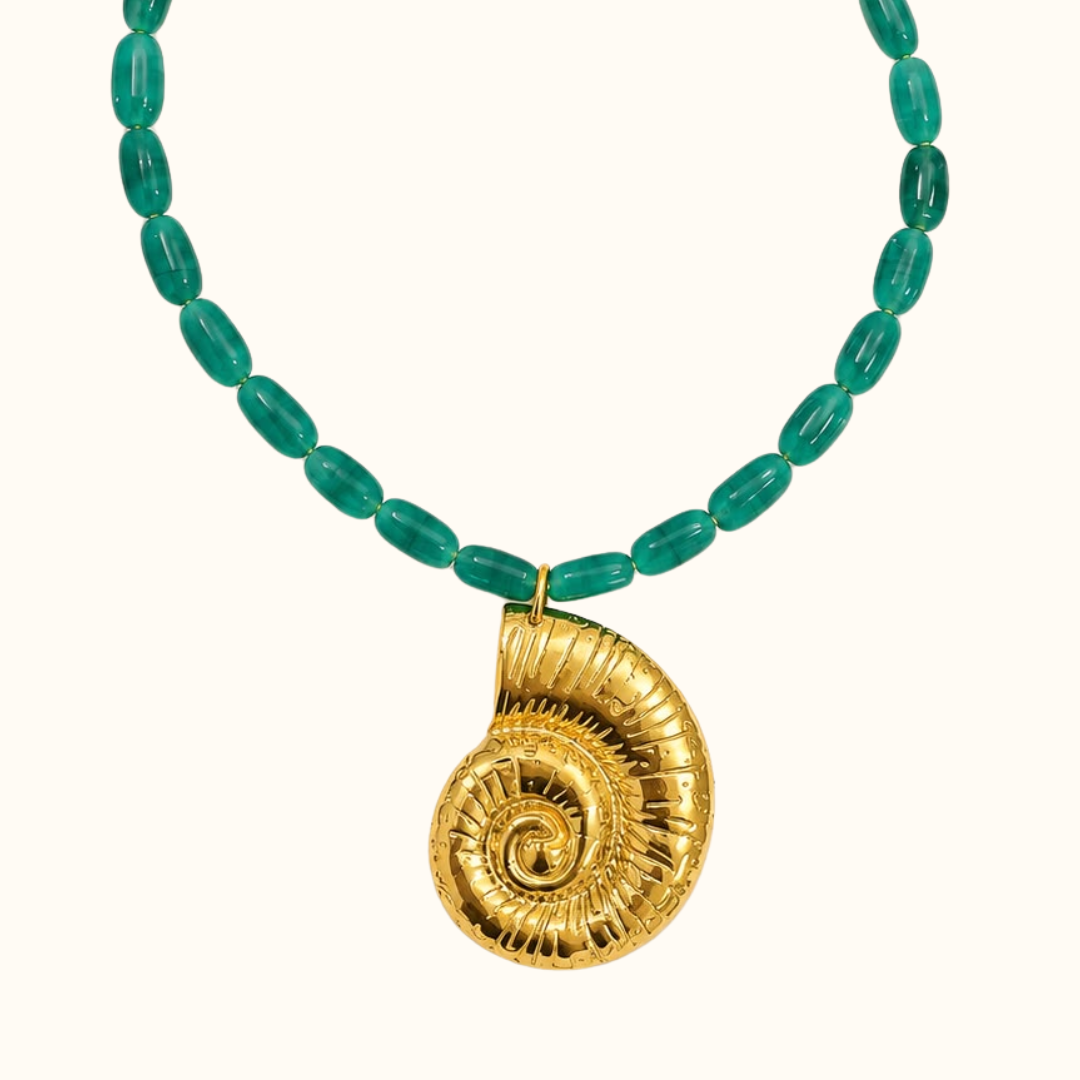 Emerald Beaded Spiral Shell Pendant Necklace