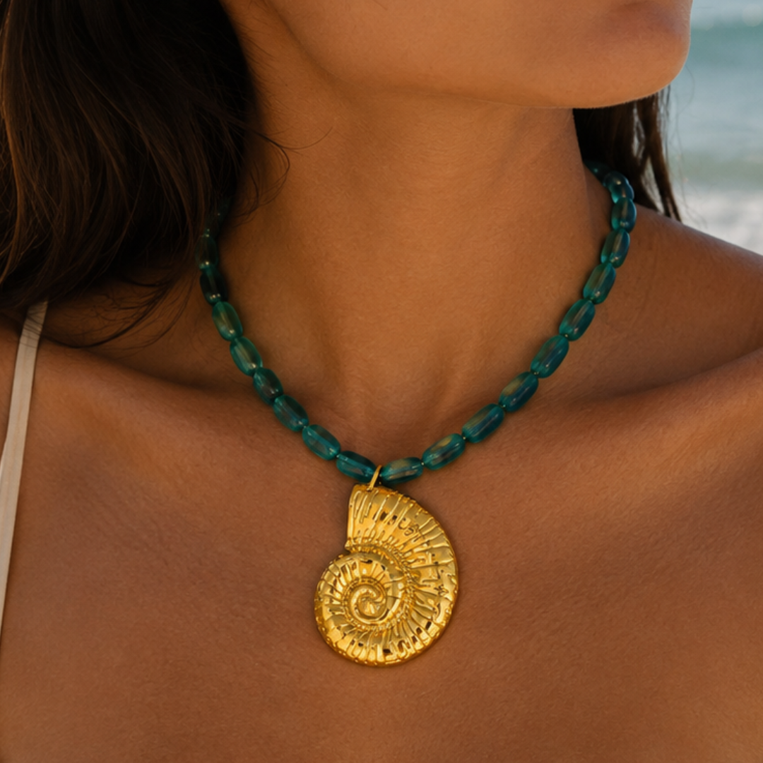 Emerald Beaded Spiral Shell Pendant Necklace