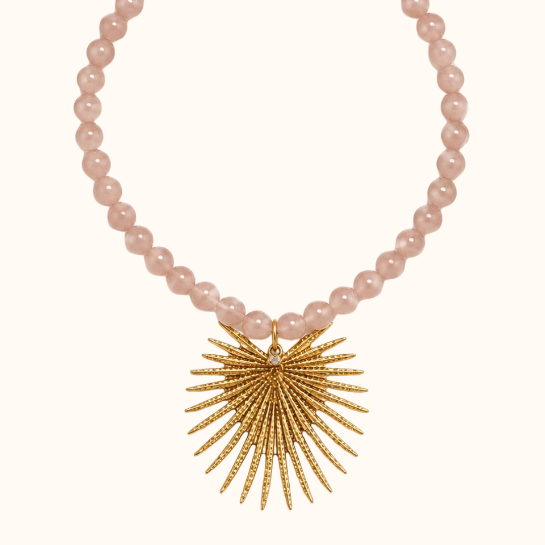Rose Quartz Beaded Sun Pendant Necklace