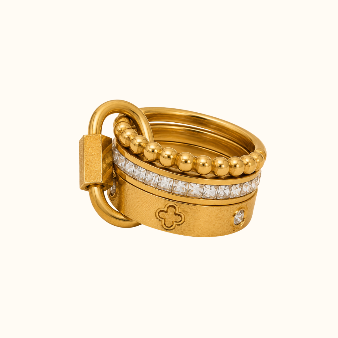 Gold Lock Charm Stackable Ring Set