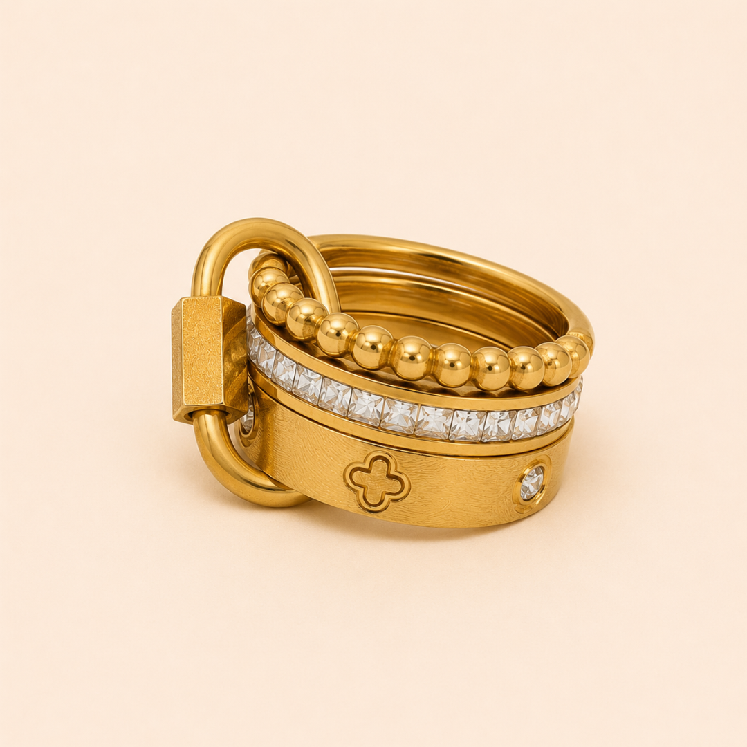Gold Lock Charm Stackable Ring Set