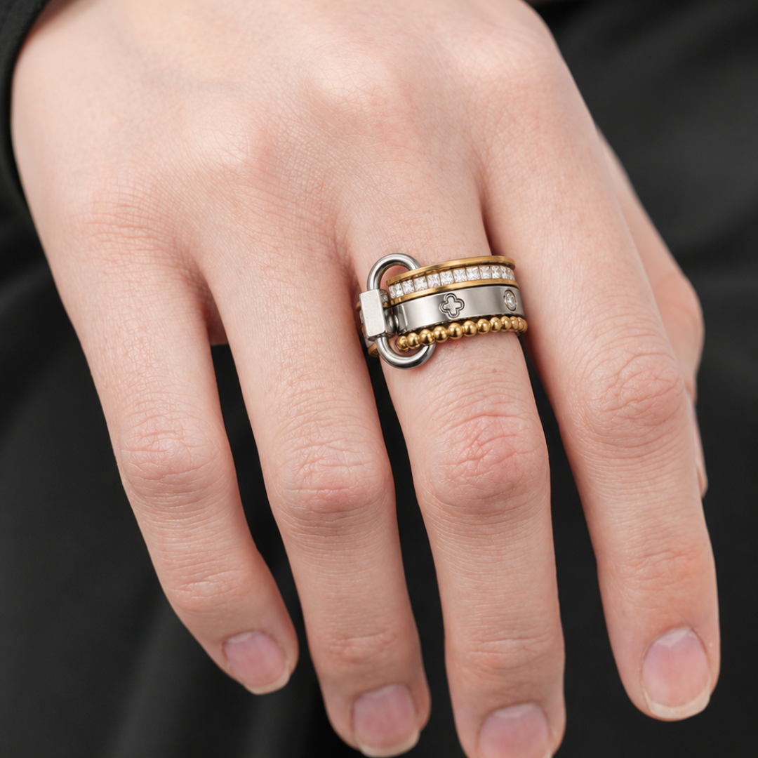 Two-Tone Lock Charm Stackable Ring Set
