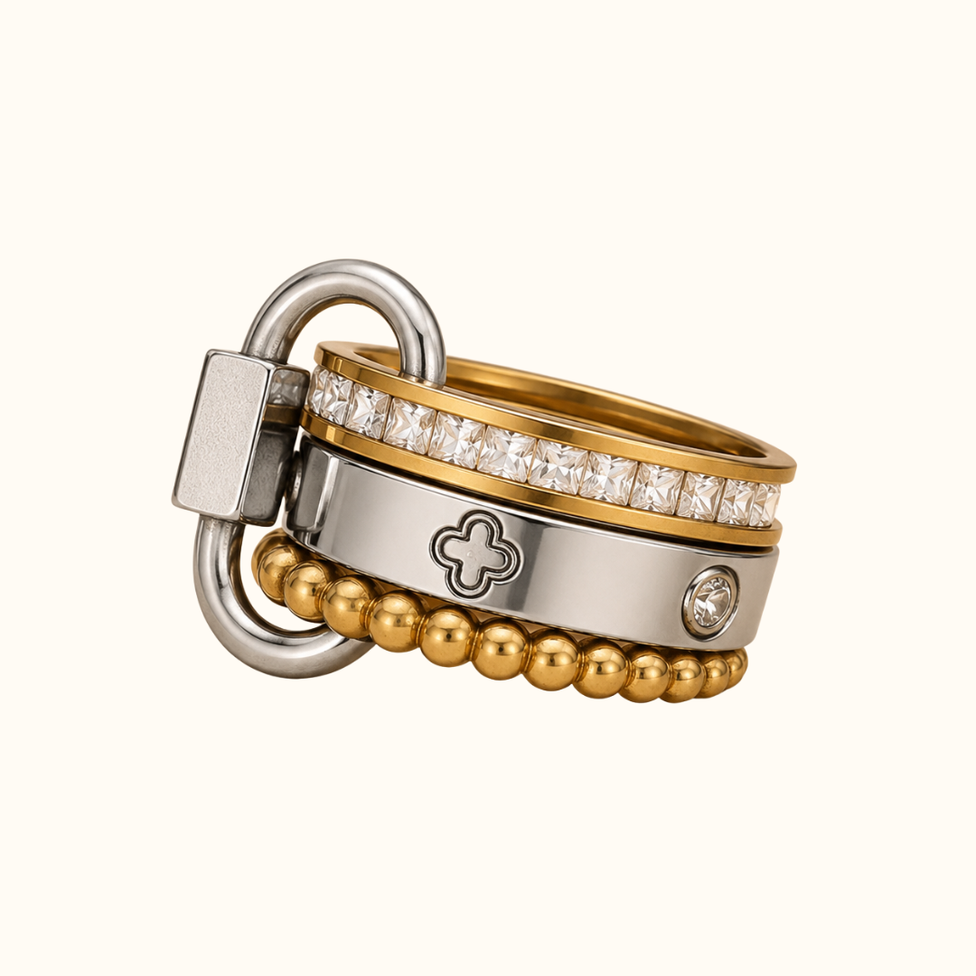 Two-Tone Lock Charm Stackable Ring Set