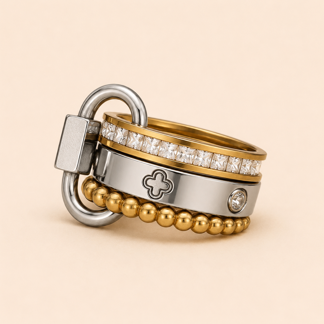 Two-Tone Lock Charm Stackable Ring Set